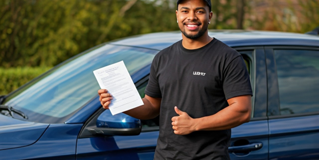 Uber driver with insurance document by car.