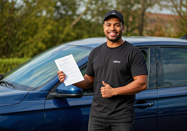 Uber driver with insurance document by car.
