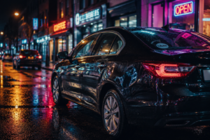 Black sedan with an Uber sticker on a neon-lit, rain-soaked city street at night; reflections shimmer on the wet pavement.
