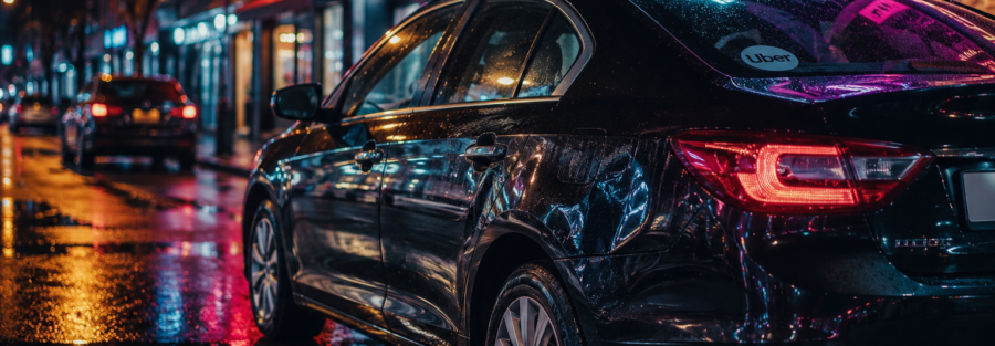 Black sedan with an Uber sticker on a neon-lit, rain-soaked city street at night; reflections shimmer on the wet pavement.