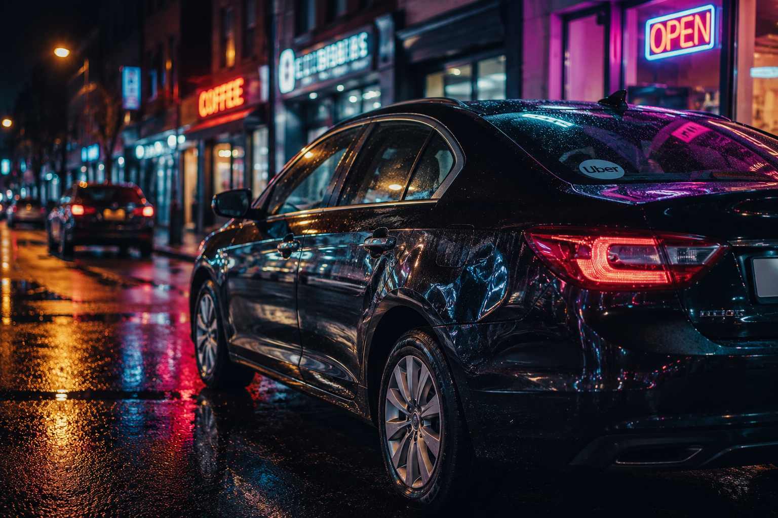 Black sedan with an Uber sticker on a neon-lit, rain-soaked city street at night; reflections shimmer on the wet pavement.